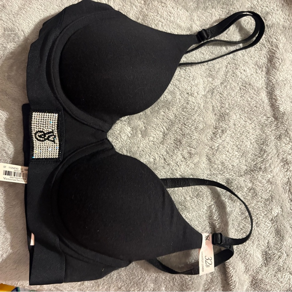 Victoria's Secret Black Padded Bra with Rhinestone Logo Accent